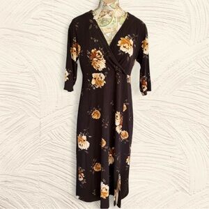 J. Jill Wearever Collection Black Floral Wrap Midi Dress Golden Rose Print S P